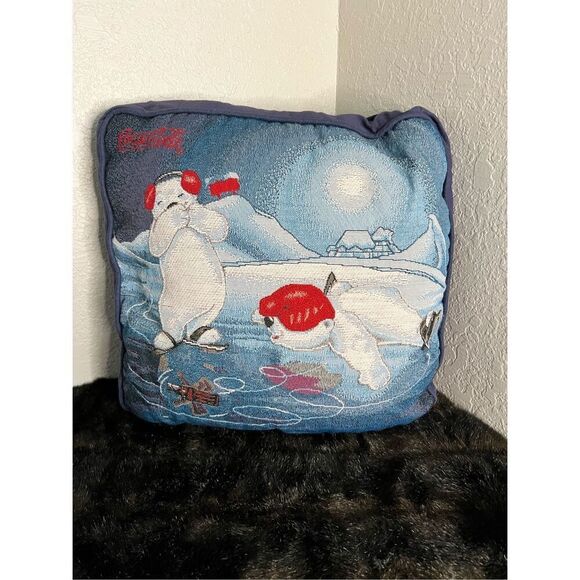 Coca-Cola Coke Polar Bear Ice Skating Throw Pillow TapestryVintage 14” X 16 - Picture 1 of 4